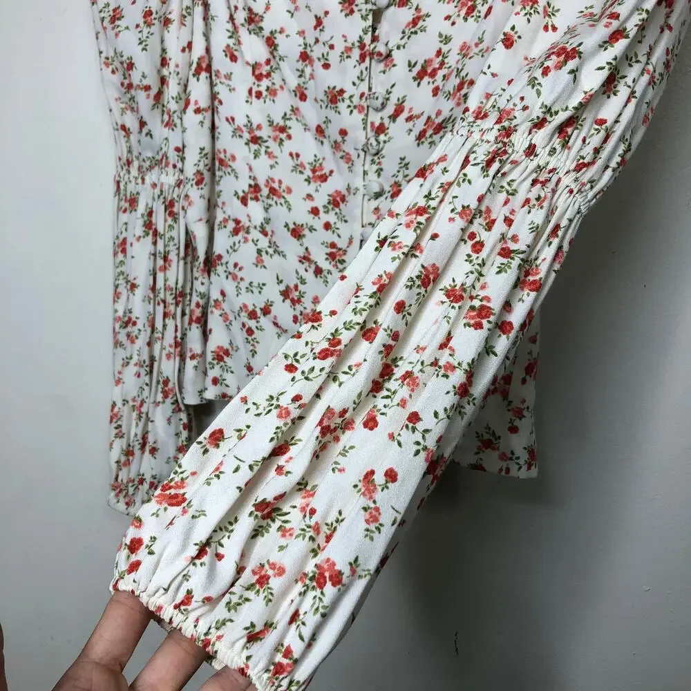 Reformation Cera Top White Red Floral Long Sleeve Button Front Sweetheart Neck 8